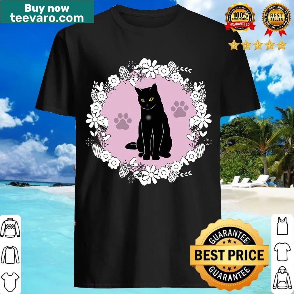 Illustration of a cute black cat with flowers on a t-shirt — on a men's t-shirt