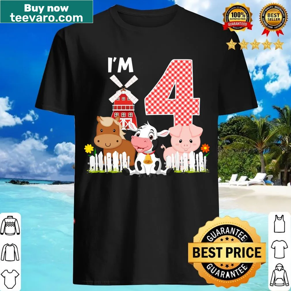 Farm animal themed t-shirt for a girl's fourth birthday — on a men's t-shirt