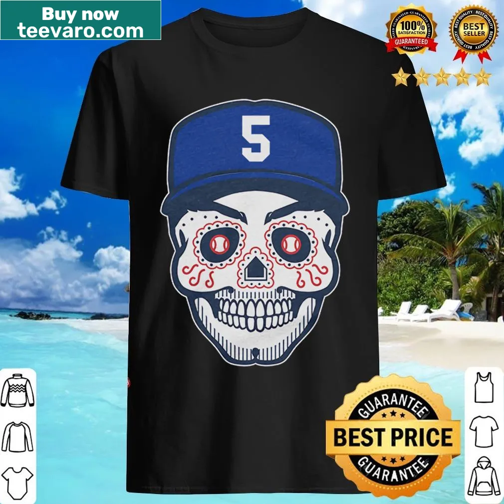 Sugar skull design featuring Freddie Freeman with baseball elements. — on a men's t-shirt
