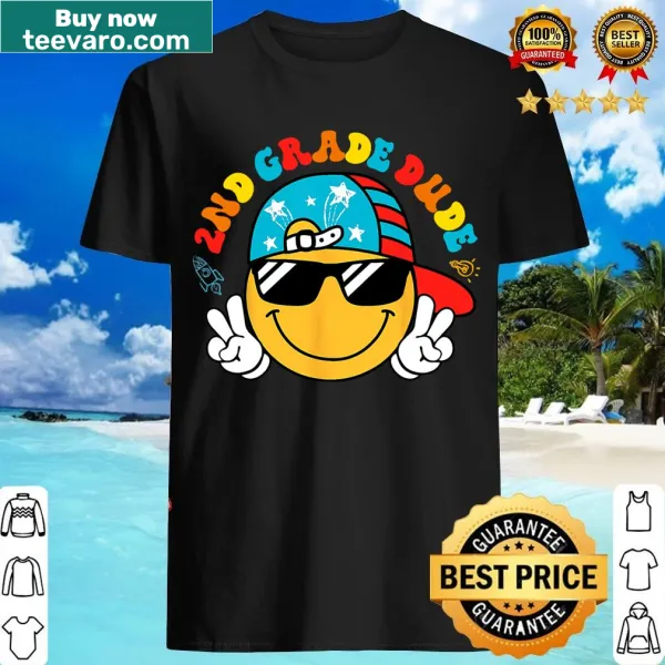 Cheerful t-shirt with smiley face and 'Groovy 2nd Grade Dude' text.