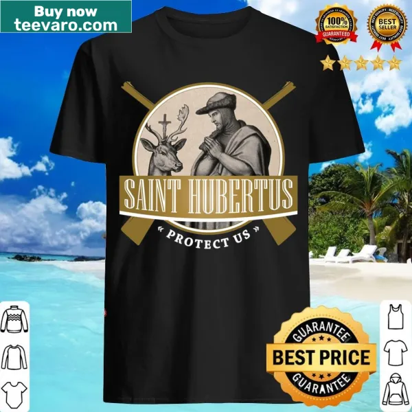 Patron Saint of Hunters Hubertus design with rifle graphic.