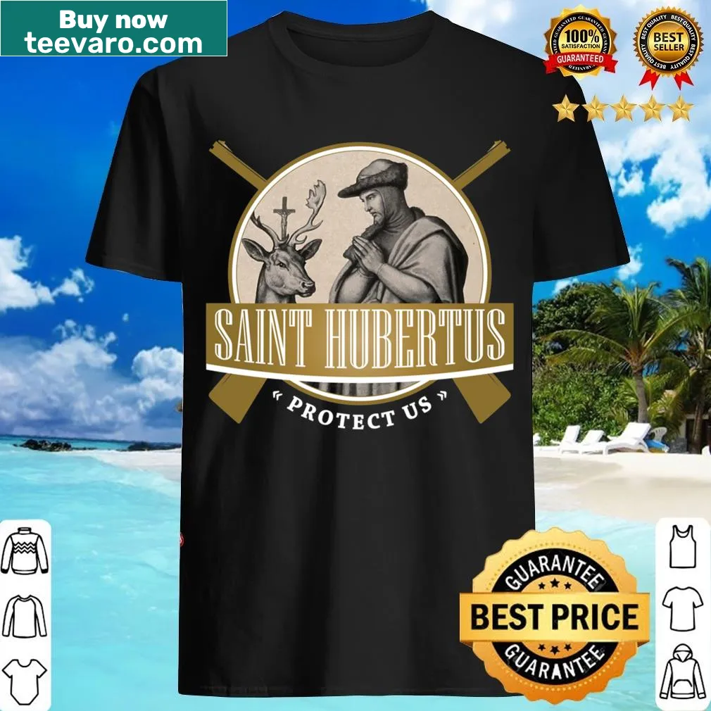 Patron Saint of Hunters Hubertus design with rifle graphic. — on a men's t-shirt