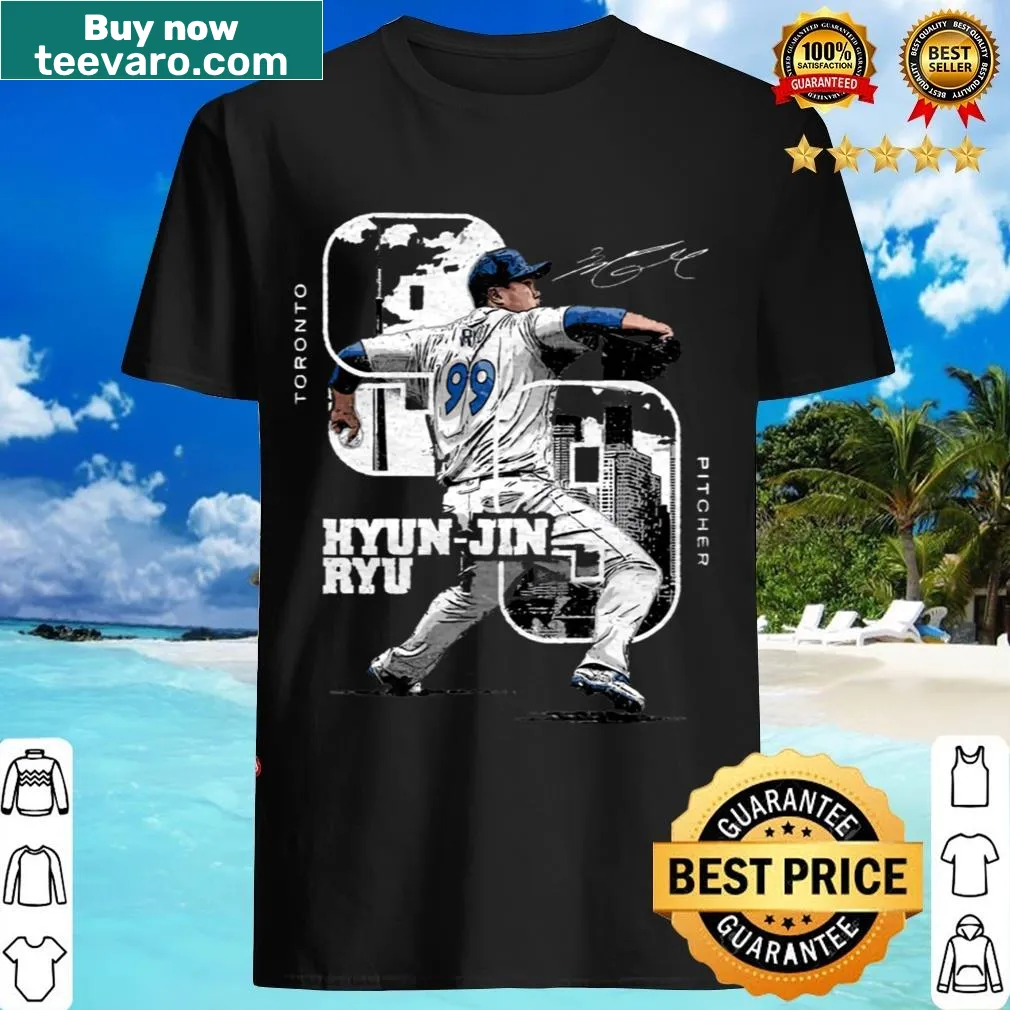 Hyunjin Ryu T-shirt showcasing Toronto city skyline — on a men's t-shirt