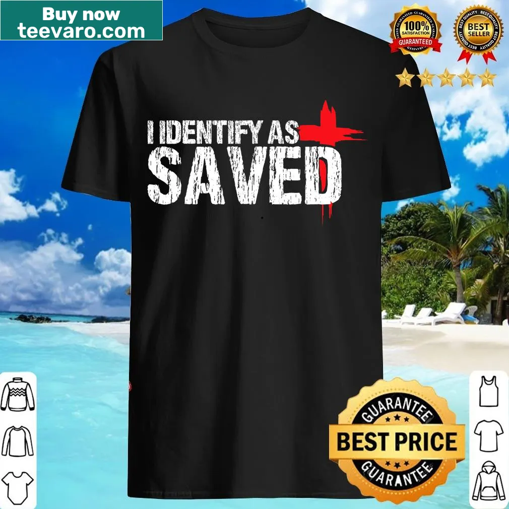 Christian t-shirt with 'I Identify As Saved' text for baptism celebrations — on a men's t-shirt