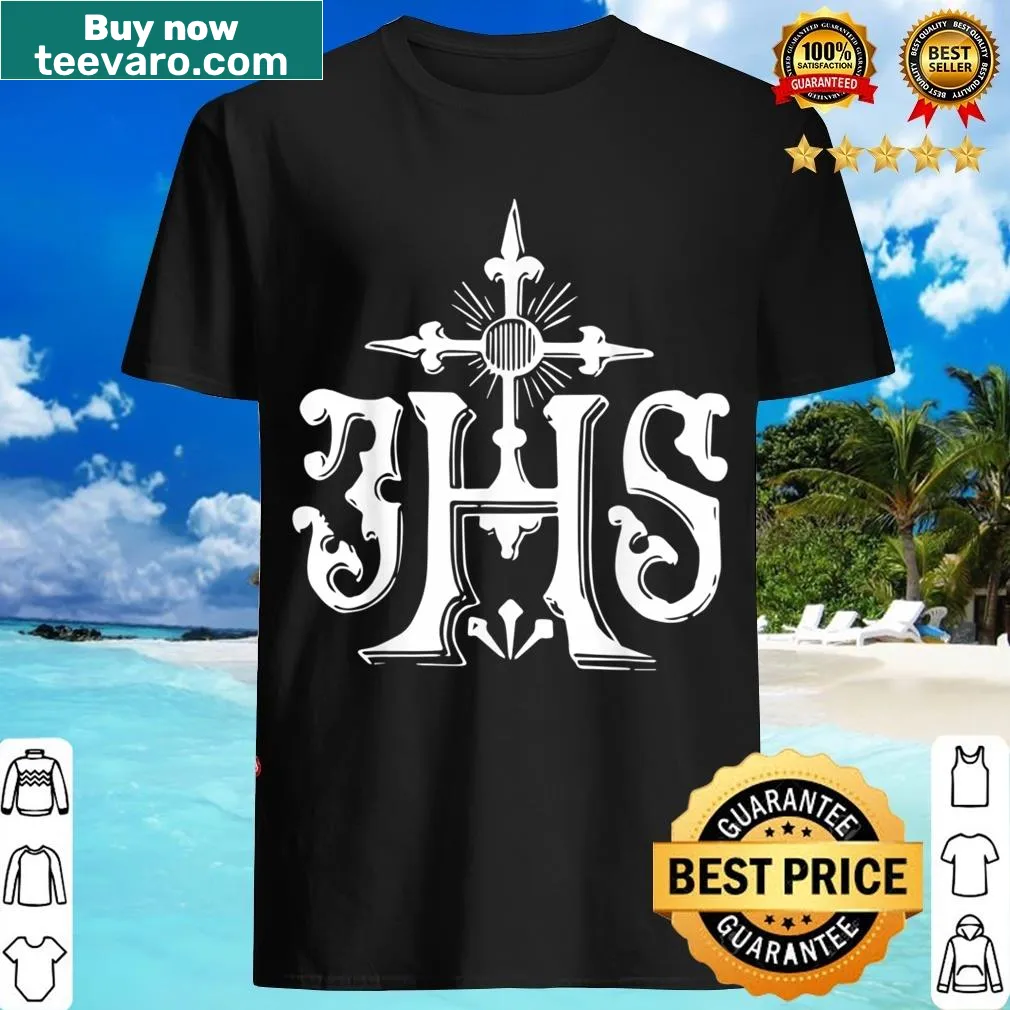 Traditional Ihs cross design on a faith-based t-shirt. — on a men's t-shirt