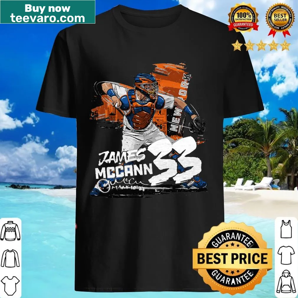 Bold graphic of New York M representing James McCann. — on a men's t-shirt