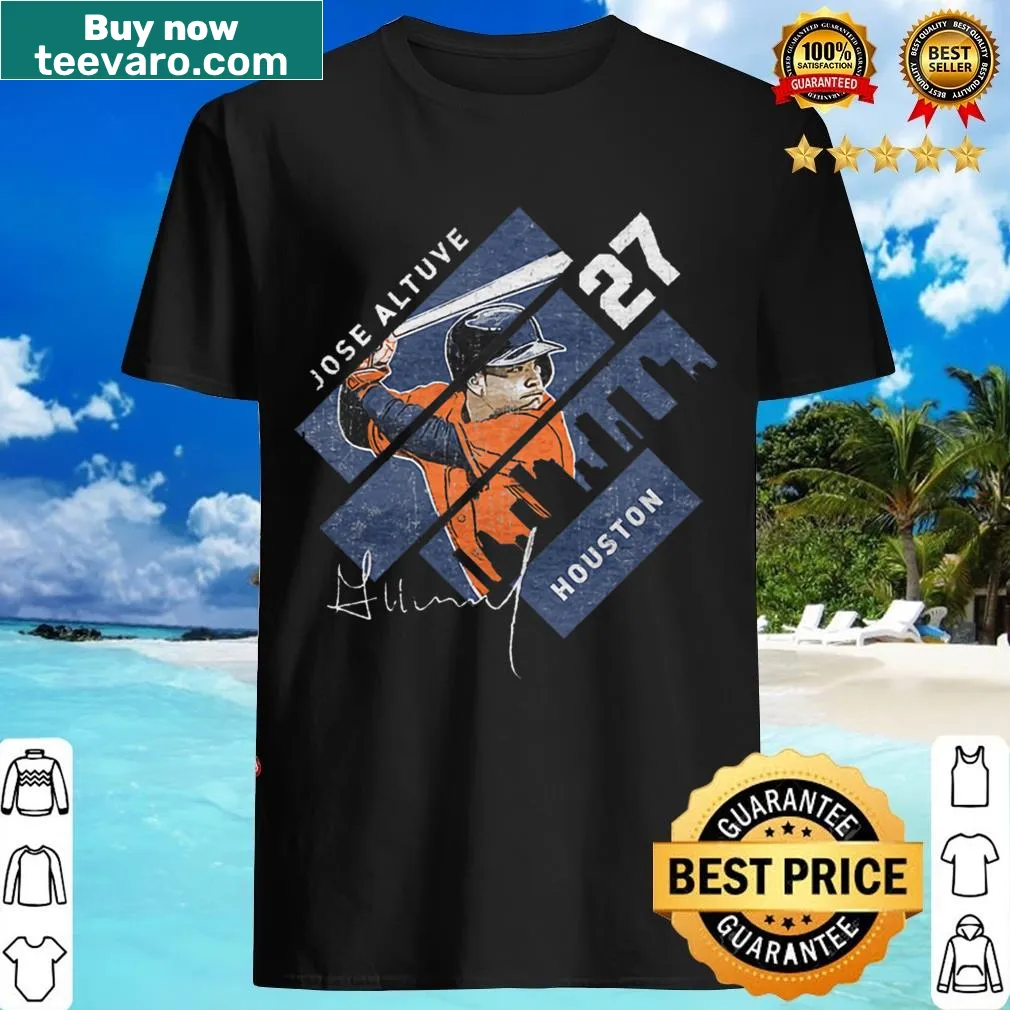 T-shirt featuring Jose Altuve's name in stripes — on a men's t-shirt