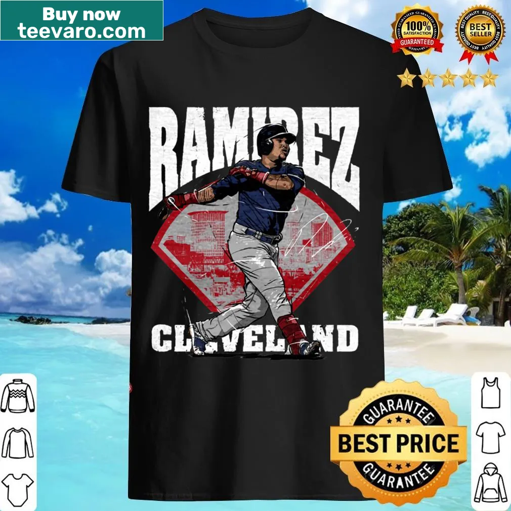 Illustration of Jose Ramirez in action on a Cleveland T-shirt. — on a men's t-shirt