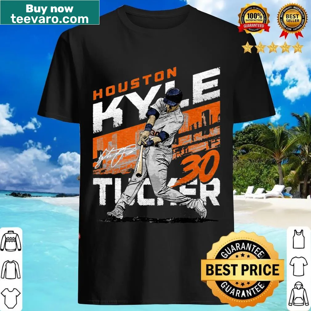 Graphic featuring Kyle Tucker's name with Houston city emblem on T-shirt. — on a men's t-shirt