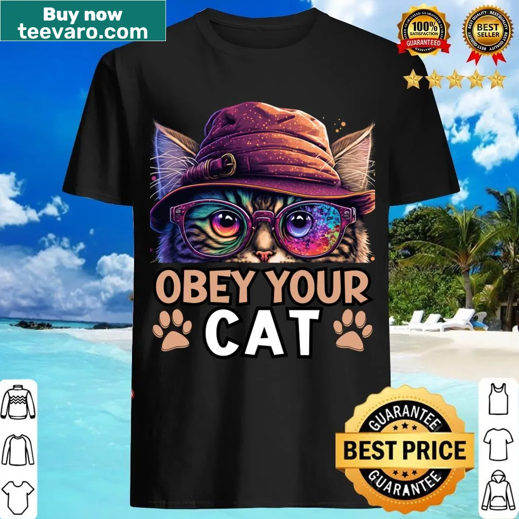 Funny t-shirt saying 'Obey Your Cat' with cute design — on a men's t-shirt