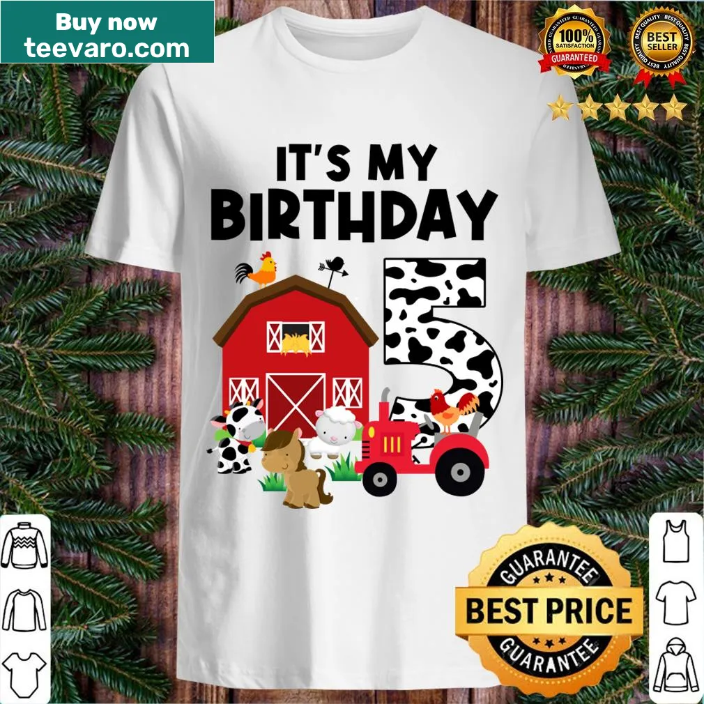 Cute farm themed birthday t-shirt for 5-year-olds — on a men's t-shirt
