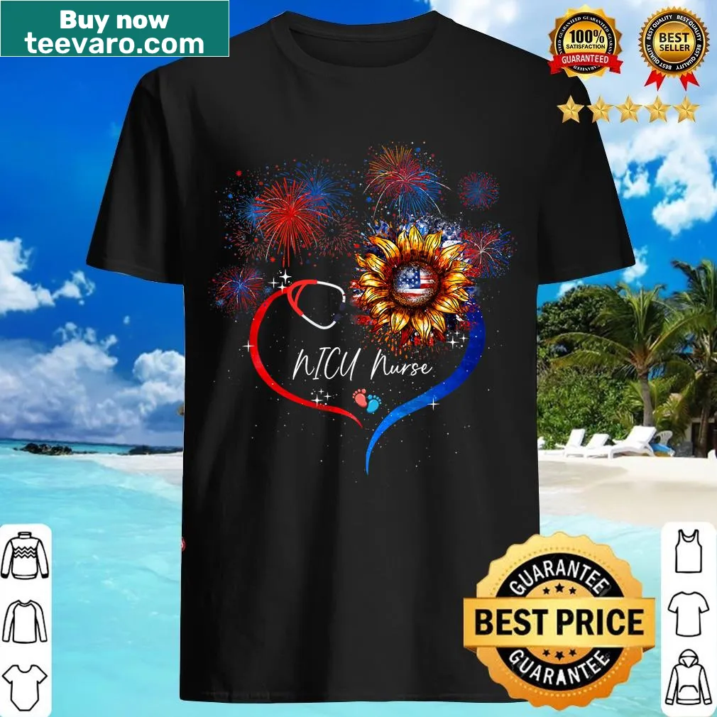 Patriotic NICU nurse t-shirt with sunflower and US flag graphic — on a men's t-shirt