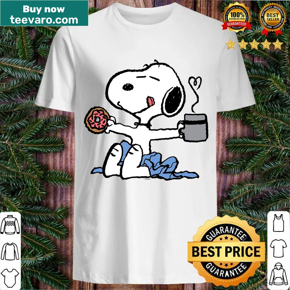 Snoopy enjoying donut and coffee illustration on a T-shirt — on a men's t-shirt