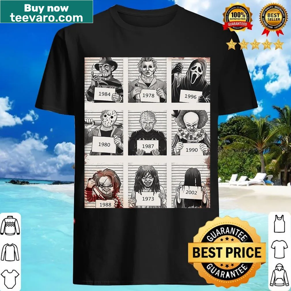 Retro horror-themed T-shirt with creepy legends and killers — on a men's t-shirt