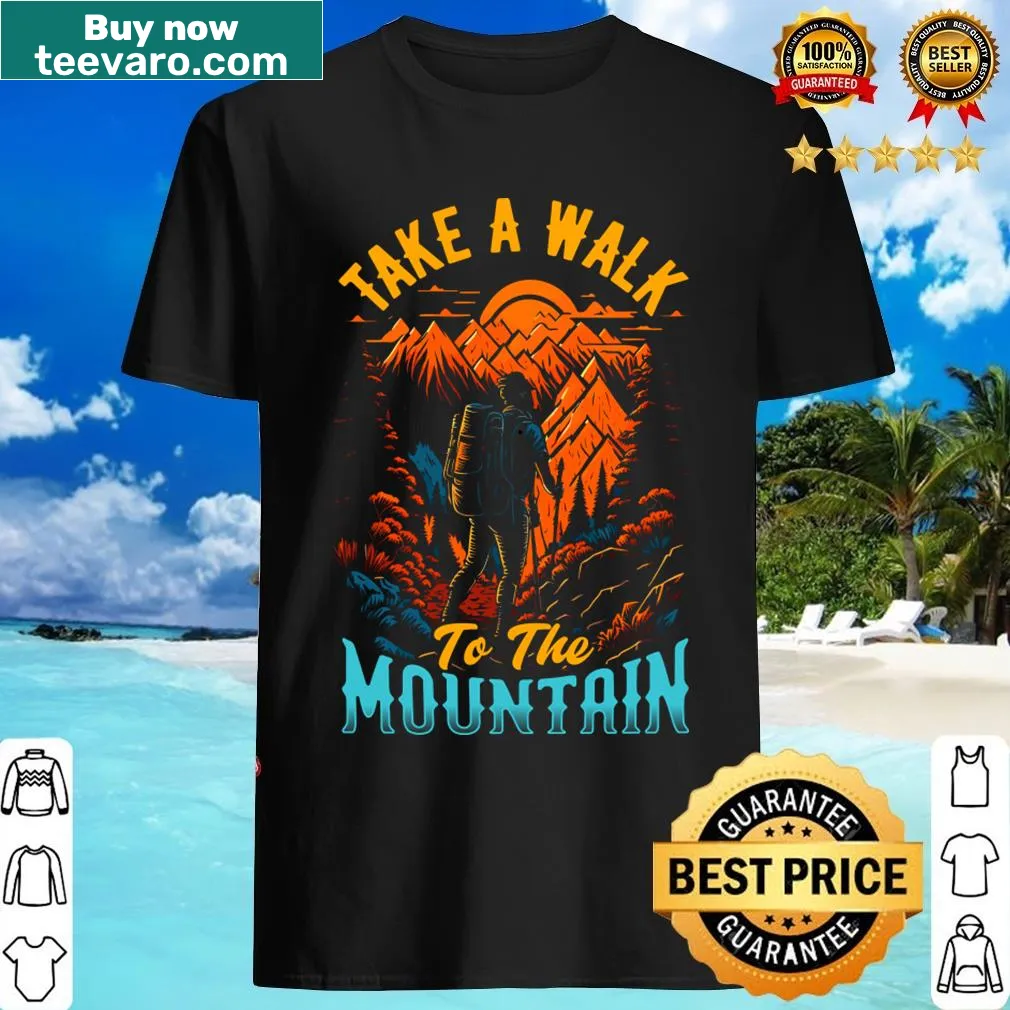 Inspirational hiking t-shirt with Take A Walk To The Mountain phrase — on a men's t-shirt