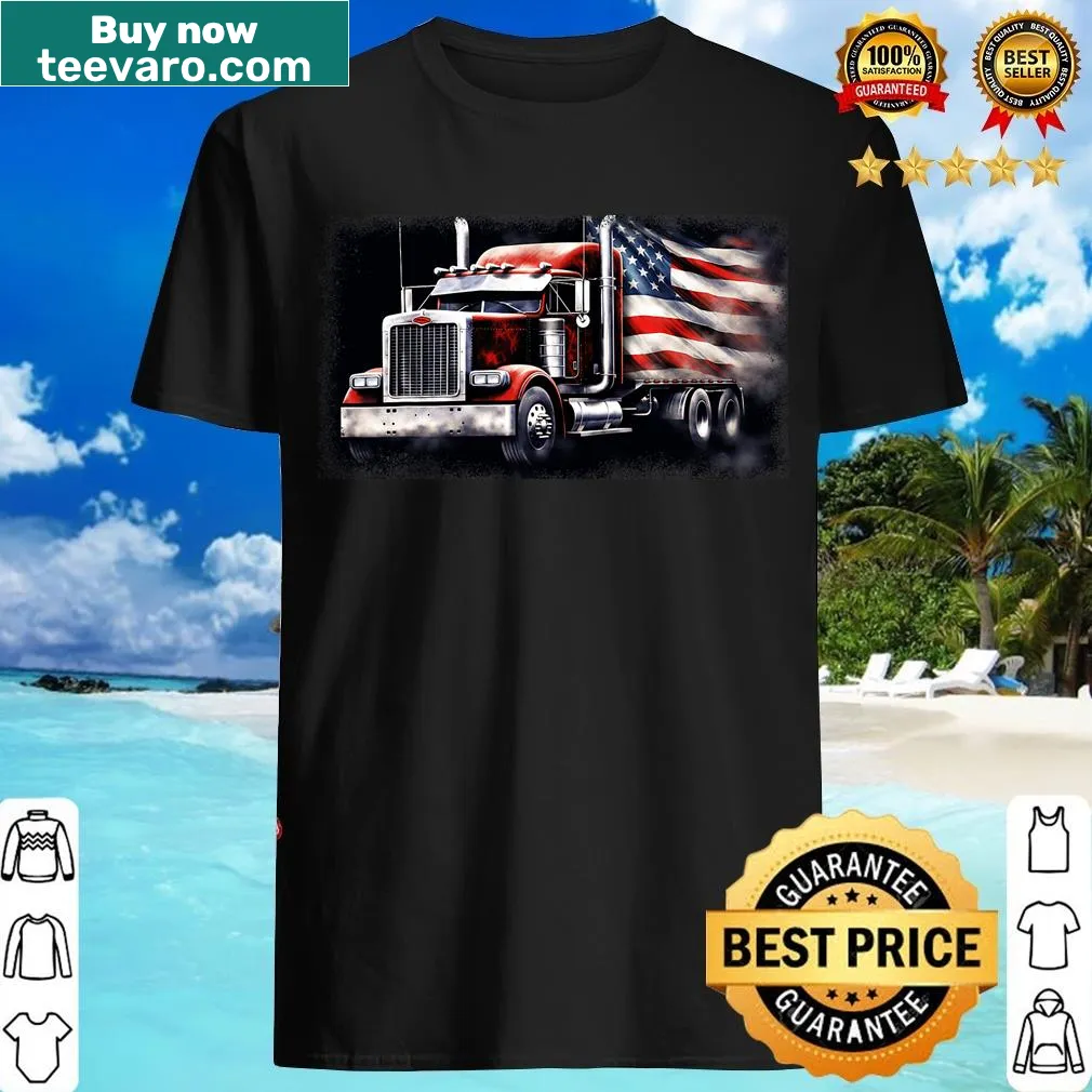 American flag and semi-truck graphic for truck drivers — on a men's t-shirt