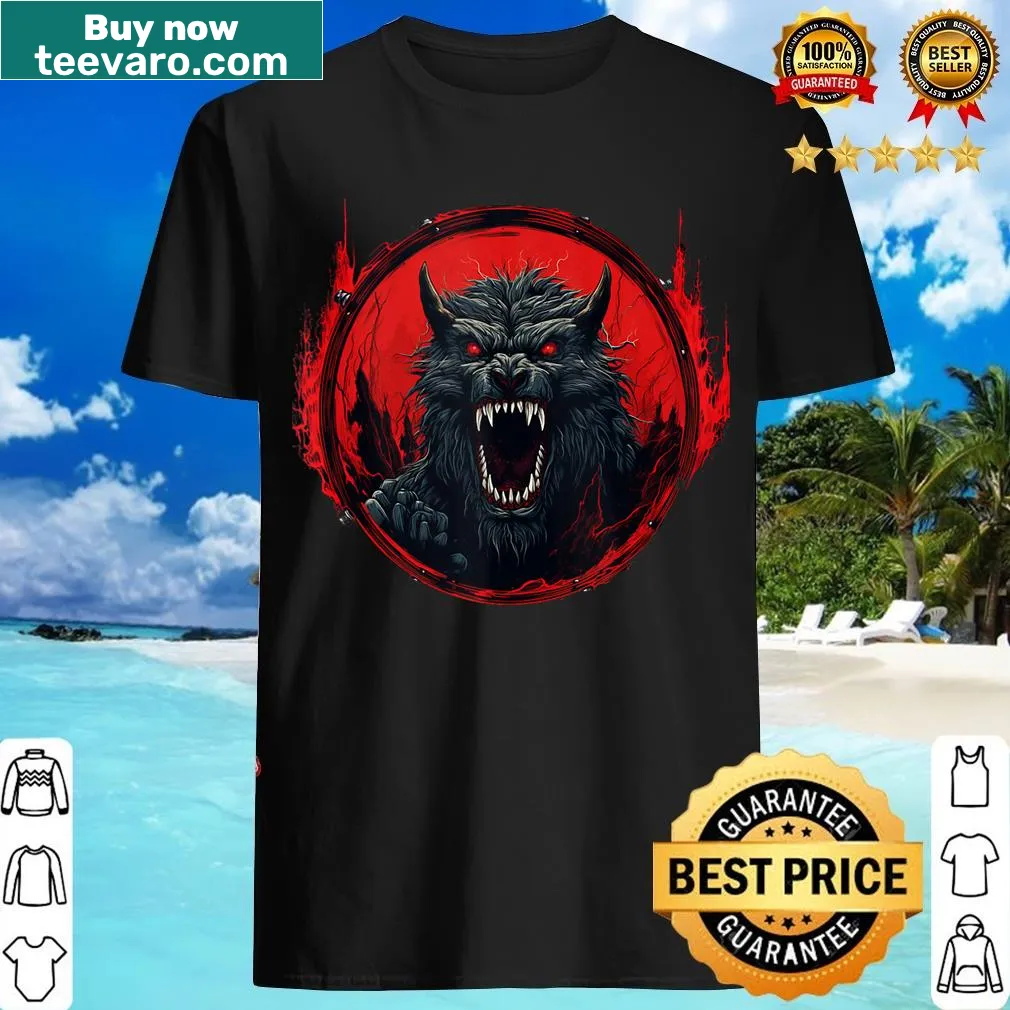 Bold werewolf face graphic on Halloween-themed t-shirt — on a men's t-shirt