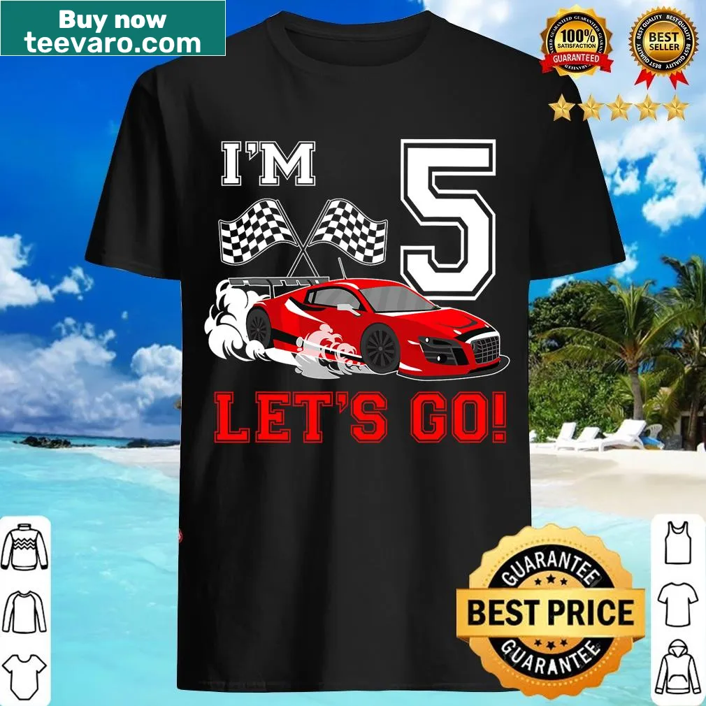 Illustrated race car graphic for a 5-year-old's birthday — on a men's t-shirt