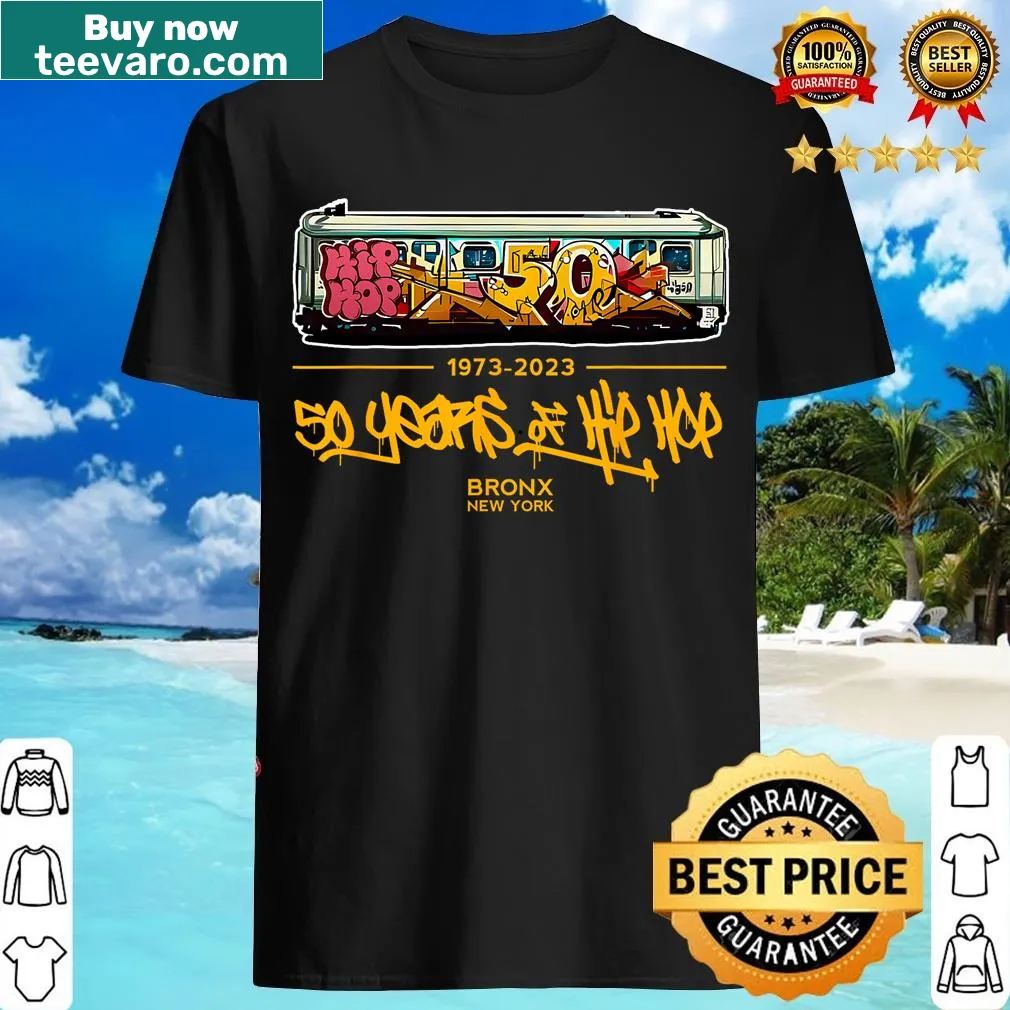 Retro subway graffiti T-shirt celebrating 50 years of hip hop — on a men's t-shirt