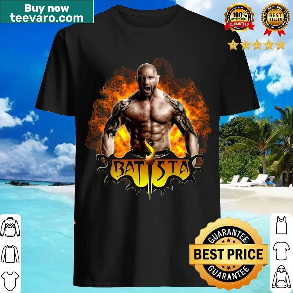 Vintage-style Batista t-shirt featuring bold Smackdown! graphics. — on a men's t-shirt