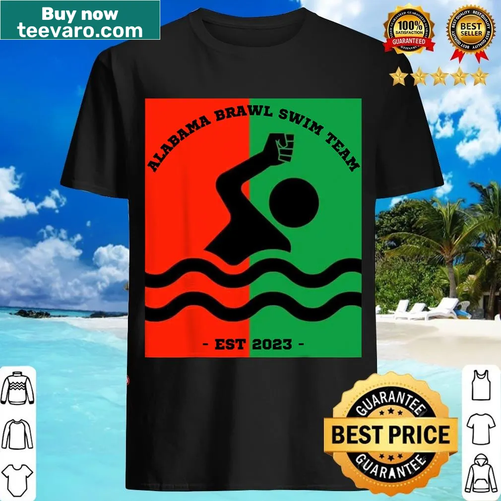 Graphic swim team t-shirt featuring the Montgomery Alabama Brawl logo — on a men's t-shirt