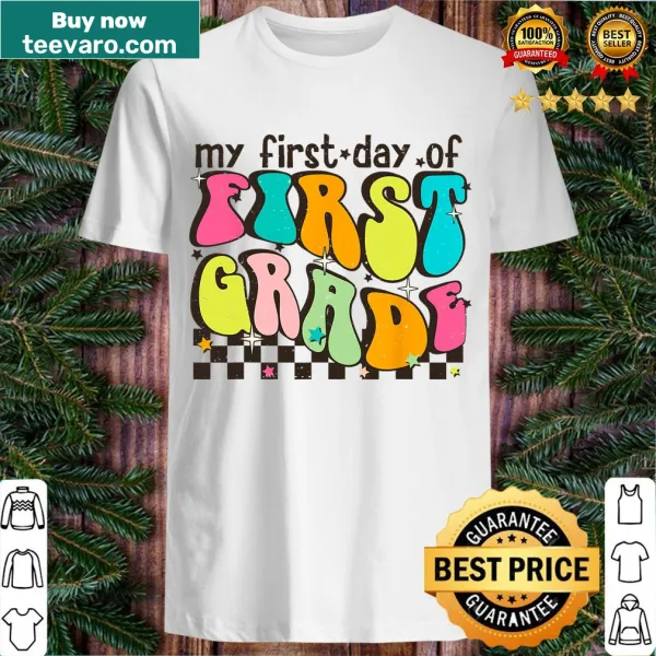Retro t-shirt celebrating the first day of first grade for students and teachers