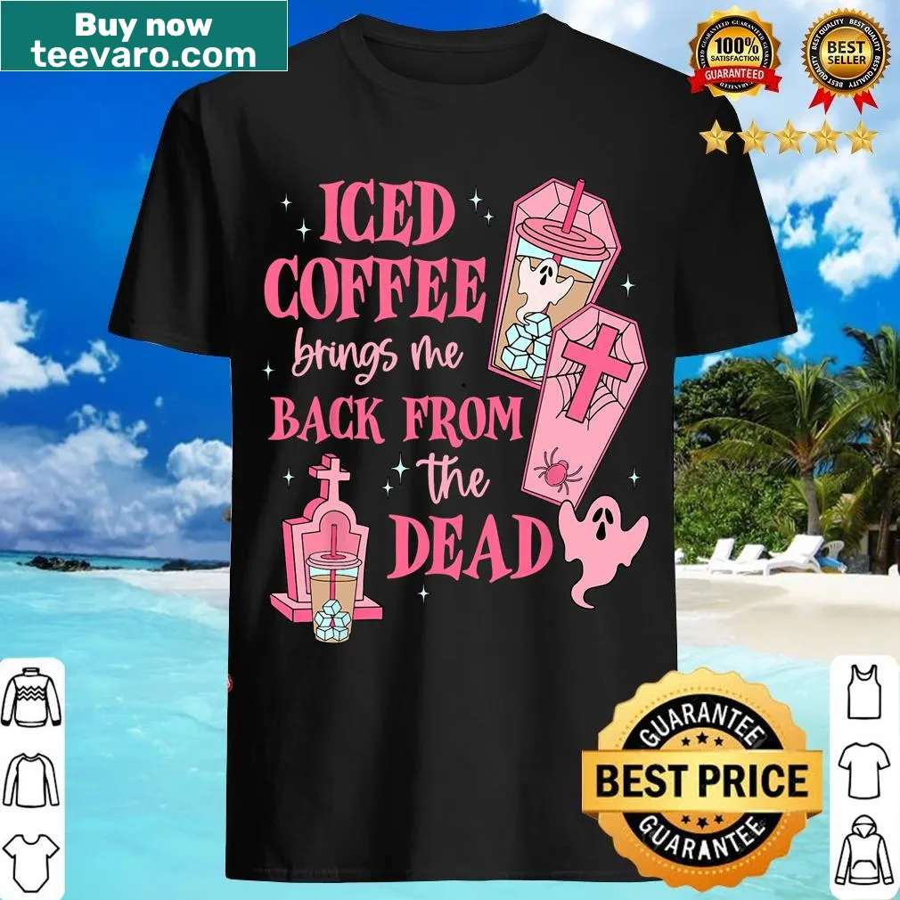 Funny Halloween shirt with iced coffee graphic and goth-inspired text — on a men's t-shirt