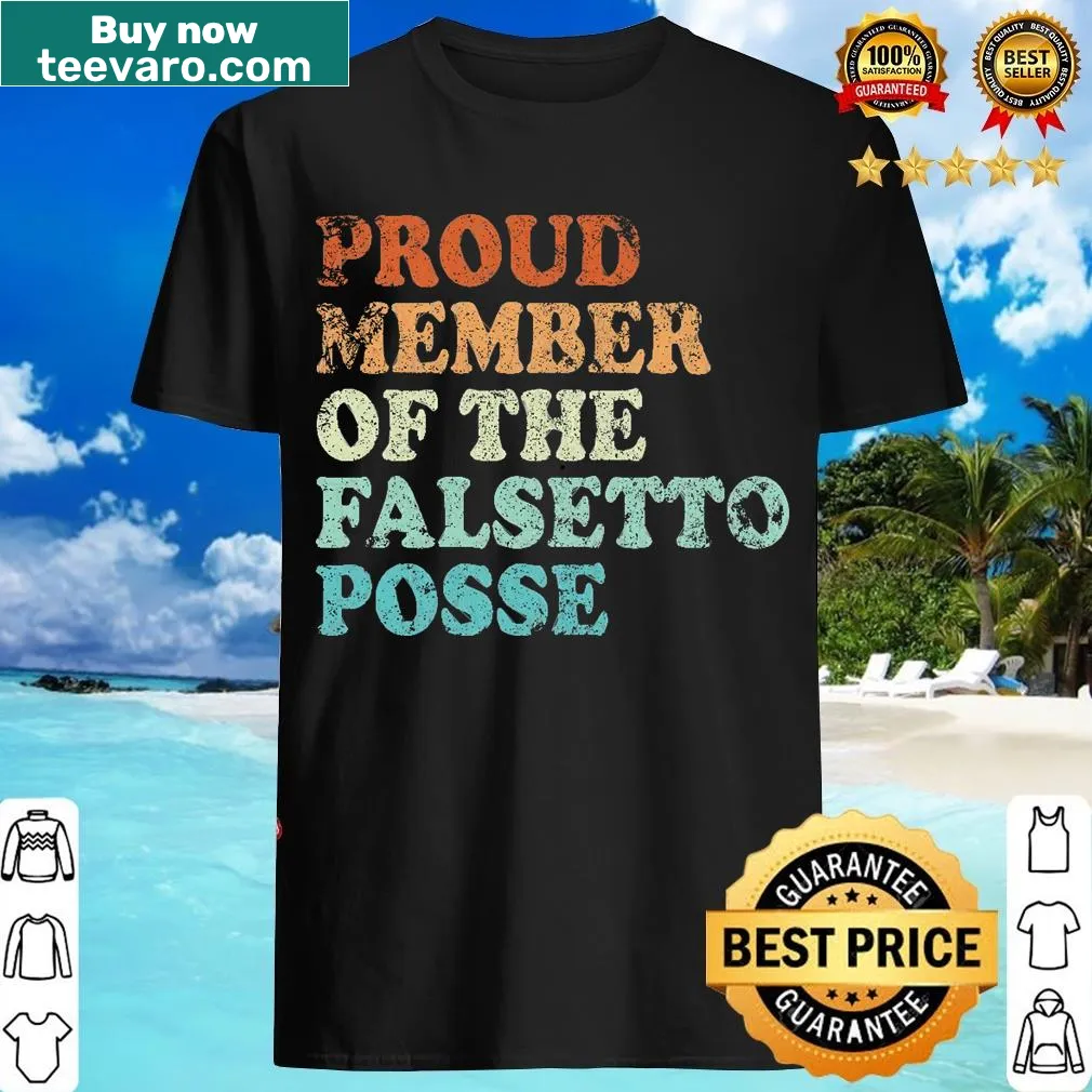 Text graphic tee celebrating membership in the Falsetto Posse — on a men's t-shirt