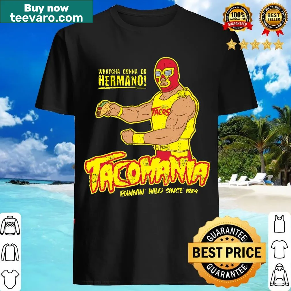 Luchador-themed T-shirt celebrating tacos and Cinco de Mayo. — on a men's t-shirt