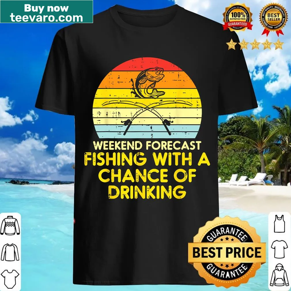 Retro fishing T-shirt with a funny weekend forecast graphic — on a men's t-shirt