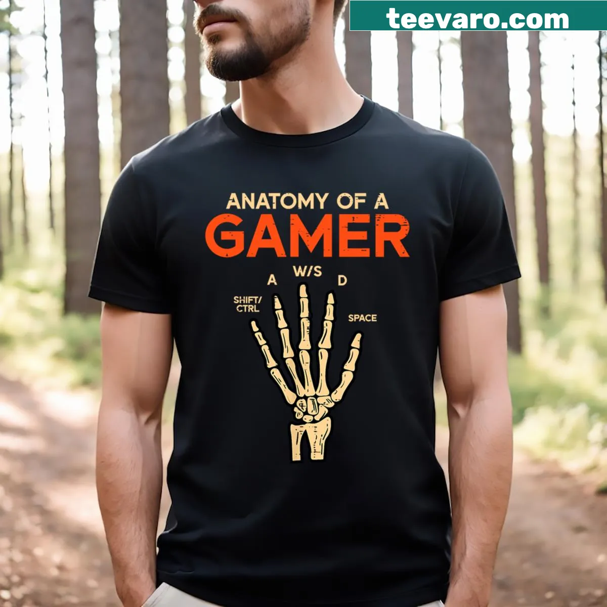 Skeleton hand graphic representing gaming anatomy for Halloween — on a men's t-shirt