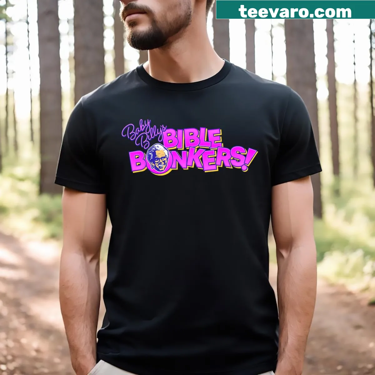 Funny t-shirt featuring 'Baby Billy's Bible Bonkers' with playful illustrations. — on a men's t-shirt