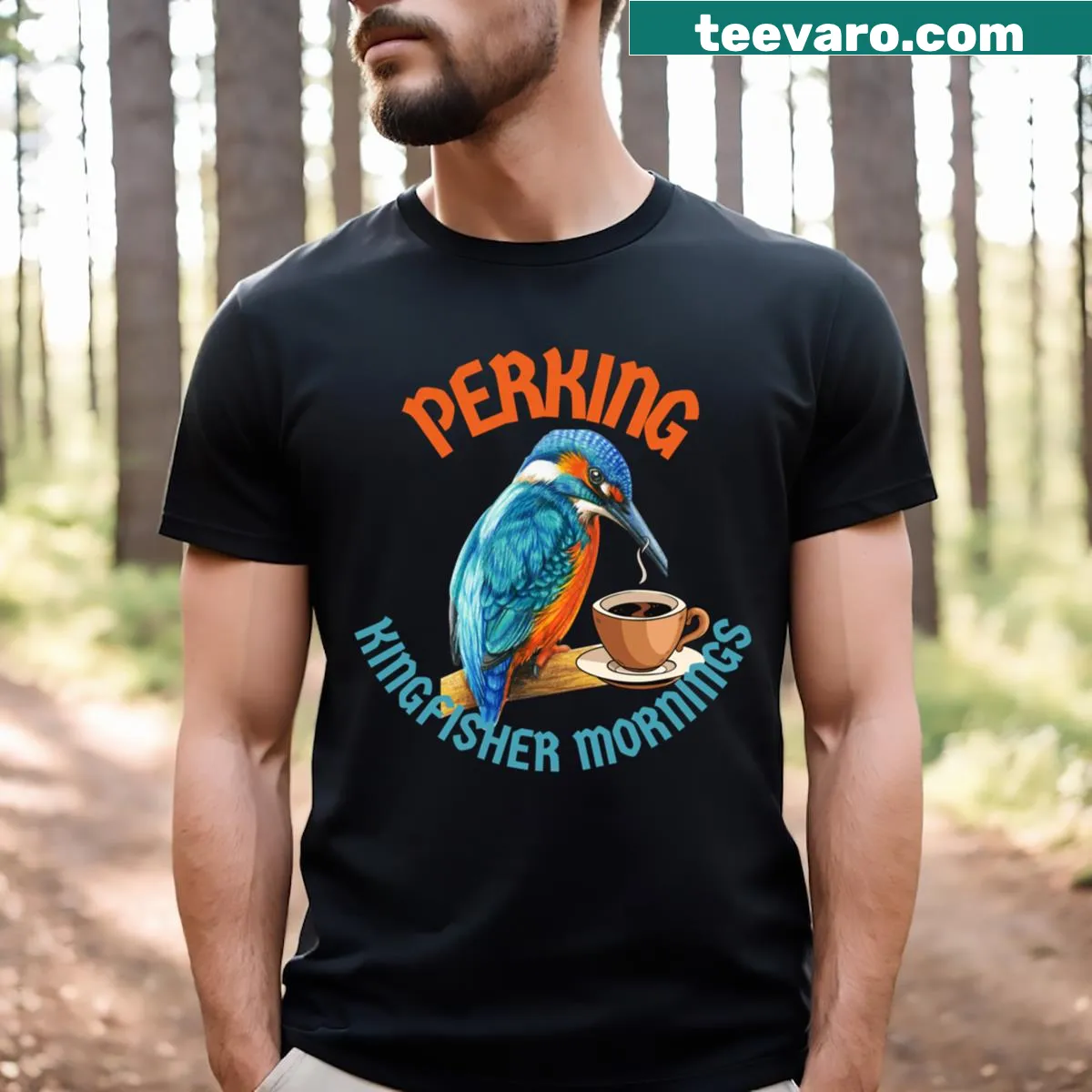Kingfisher illustration with coffee theme on a casual t-shirt — on a men's t-shirt