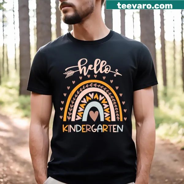 T-shirt with boho rainbow heart and 'Hello Kindergarten' text