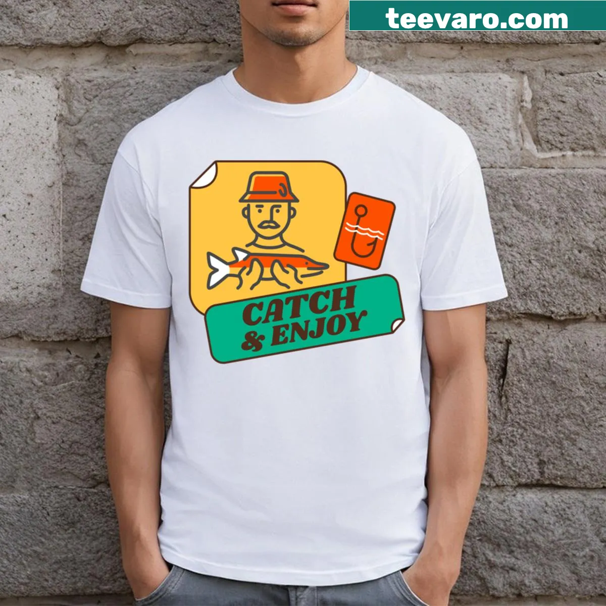Playful illustration celebrating fishing on a T-shirt — on a men's t-shirt
