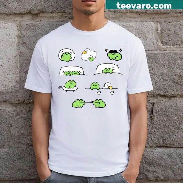 Funny T-shirt featuring tiny frogs and sticker design.