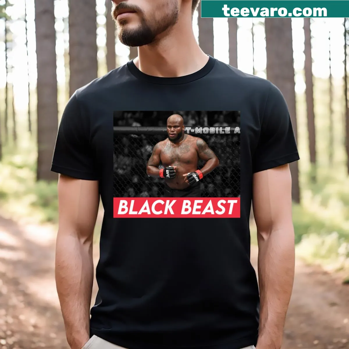 Boldly designed T-shirt featuring Derrick Lewis Black Beast name — on a men's t-shirt