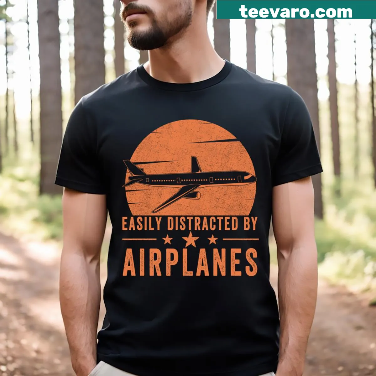 Funny pilot T-shirt with 'Easily Distracted By Airplanes' text — on a men's t-shirt