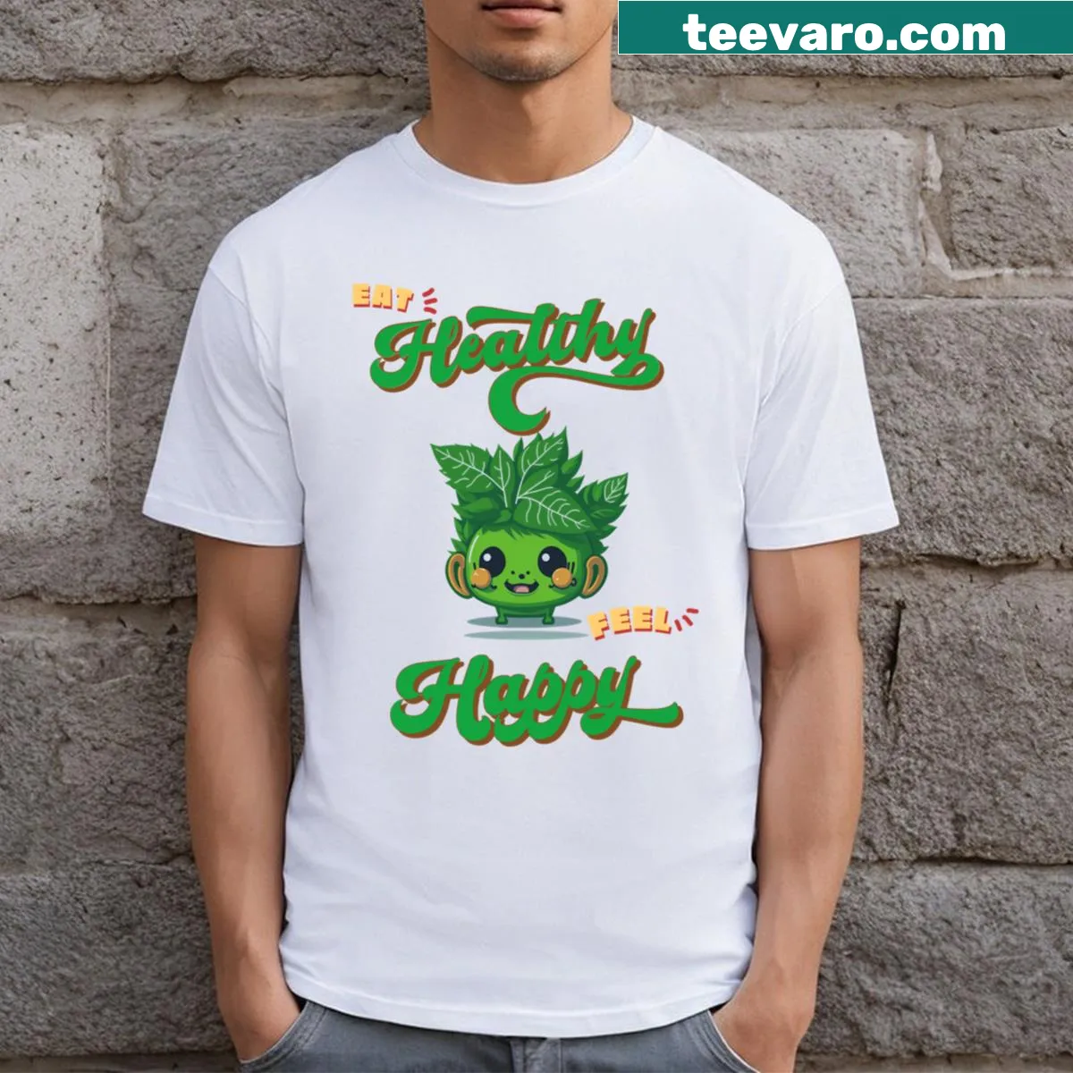 T-shirt with the message 'Eat Healthy Feel Happy' in clean typography — on a men's t-shirt