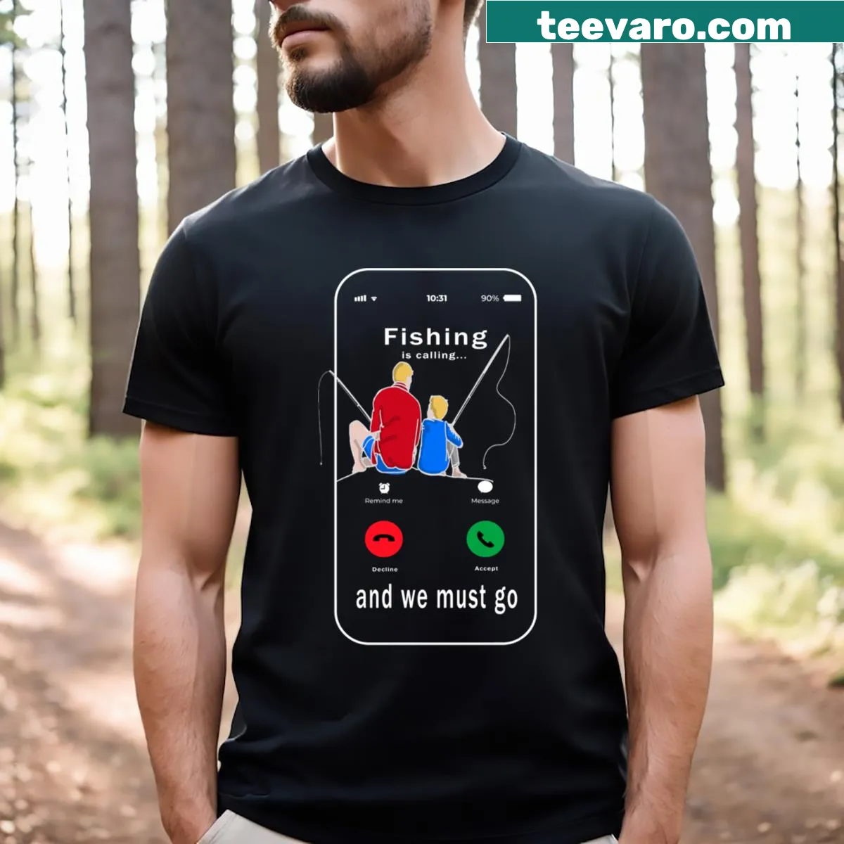 T-shirt with 'Fishing Calling And We Must Go' text in bold design — on a men's t-shirt