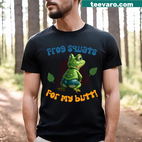 Cartoon frog design with 'Frog Butt Squats' text on T-shirt