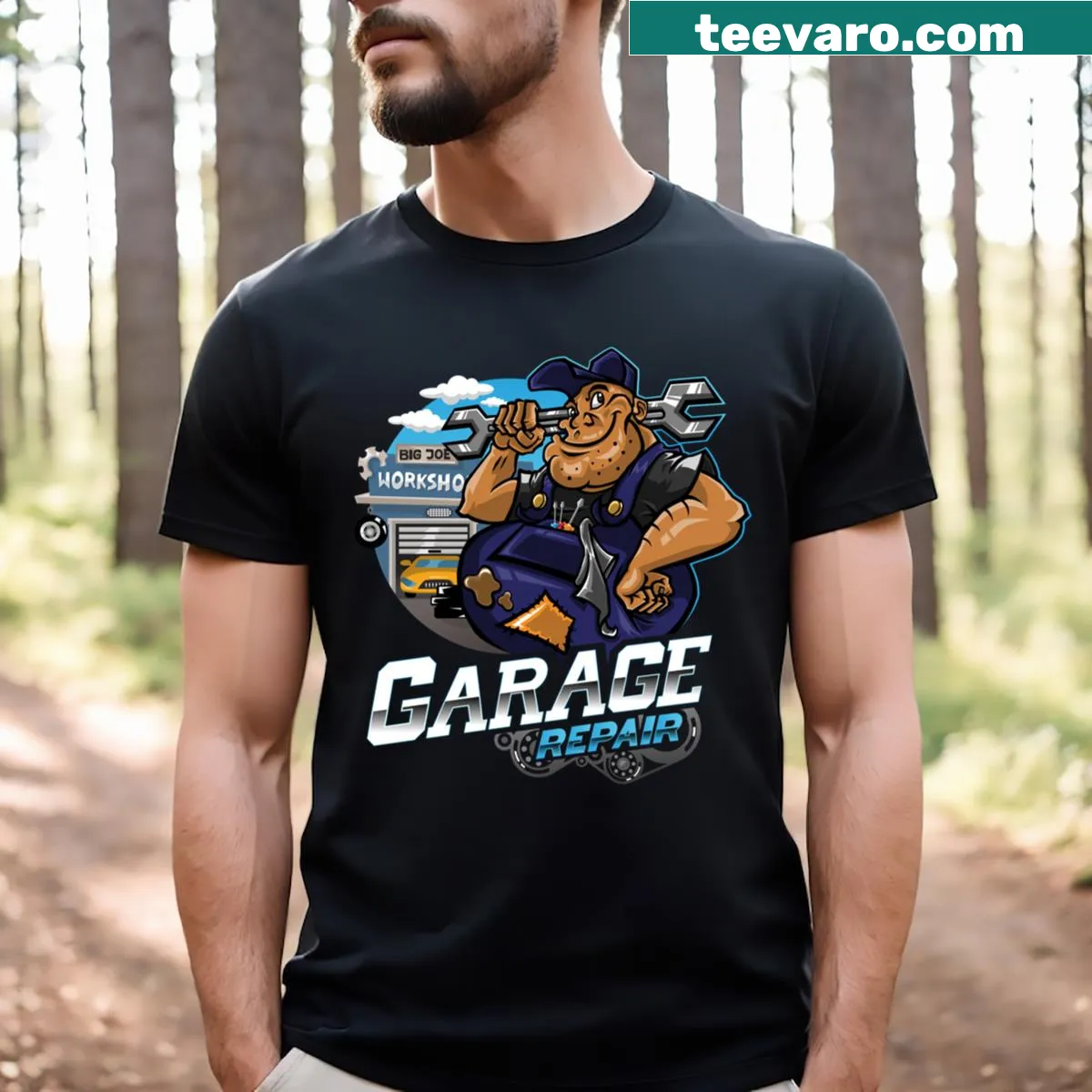 Cartoon logo T-shirt celebrating garage repair professions. — on a men's t-shirt