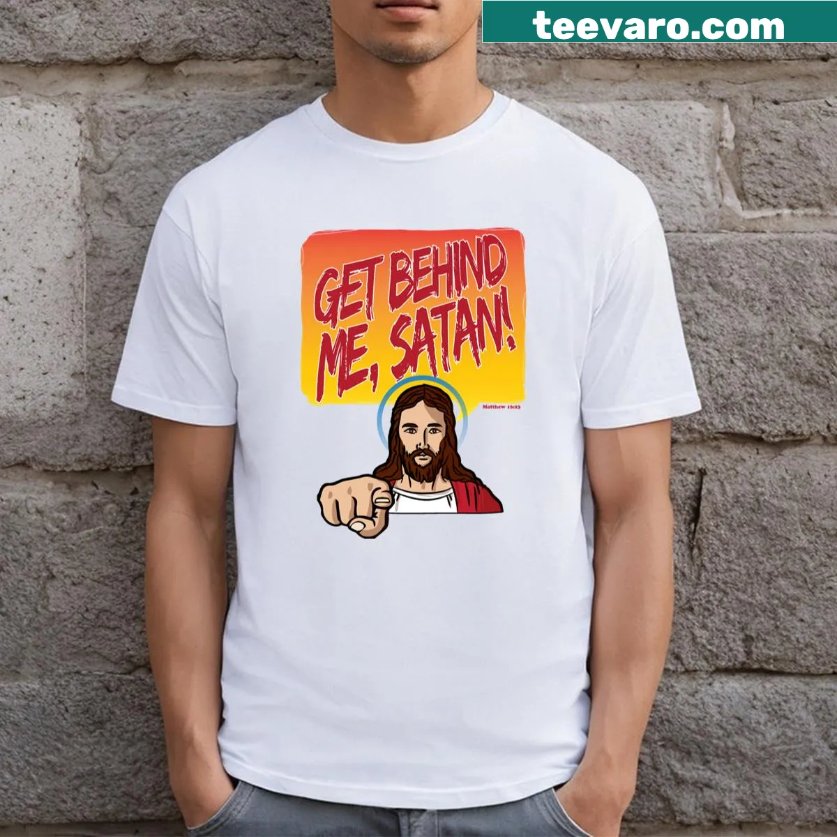 T-shirt with Matthew 1623 text Get Behind Me Satan — on a men's t-shirt