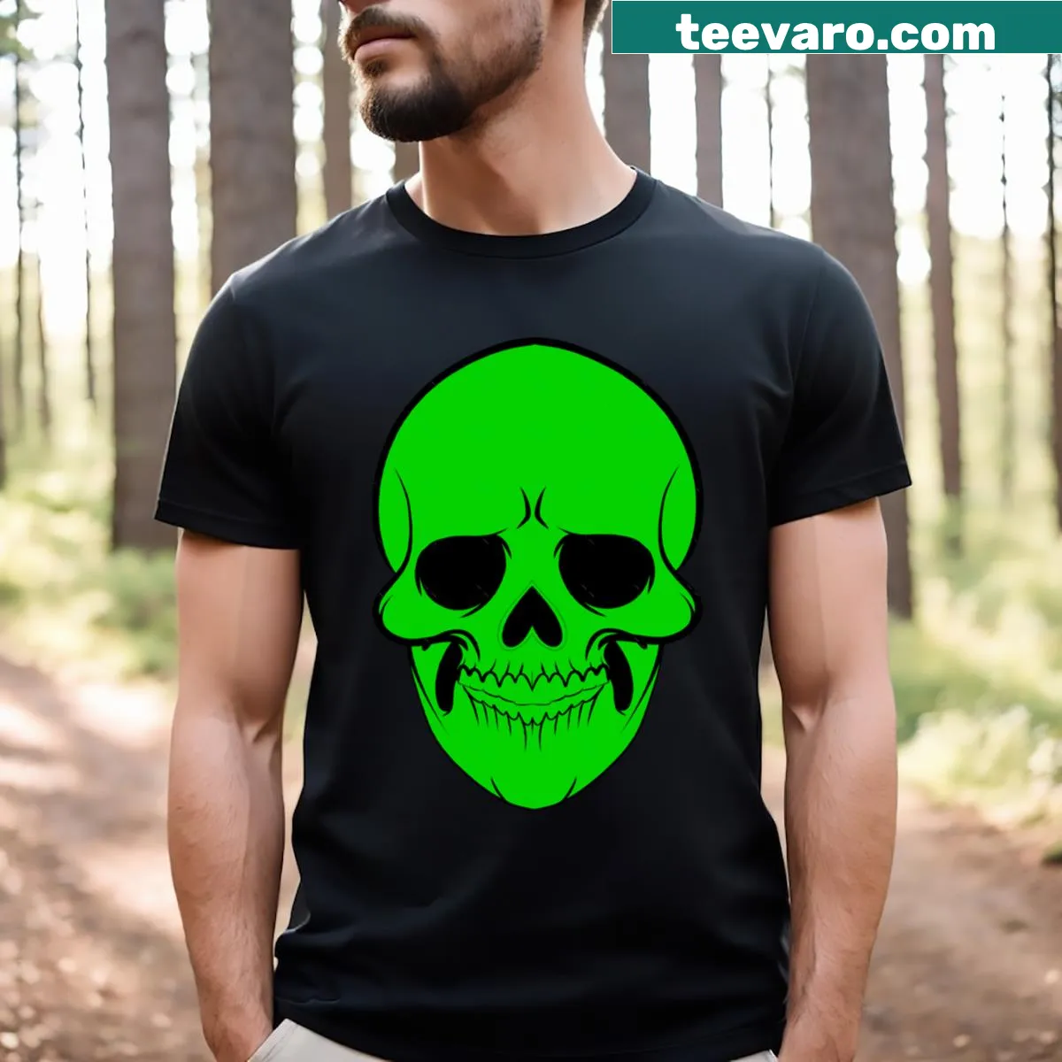 T-shirt featuring a bold green skull design — on a men's t-shirt