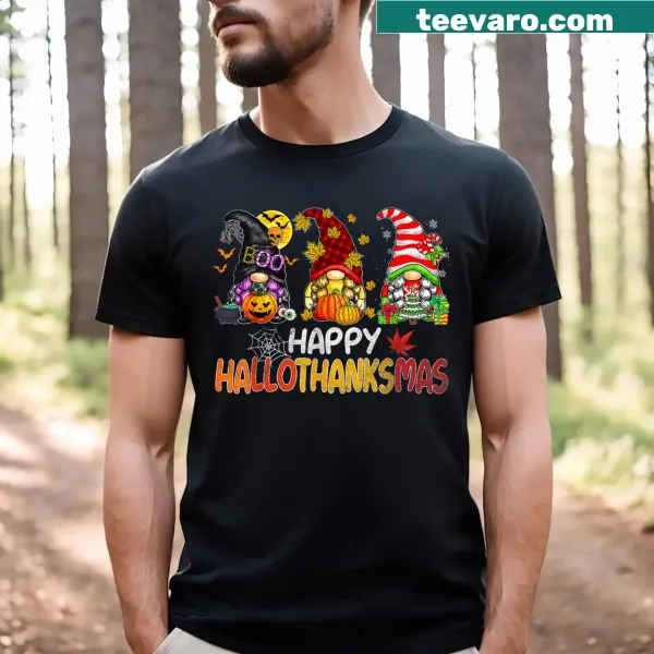 Whimsical T-shirt with 'Happy Hallothanksmas' text for the holidays