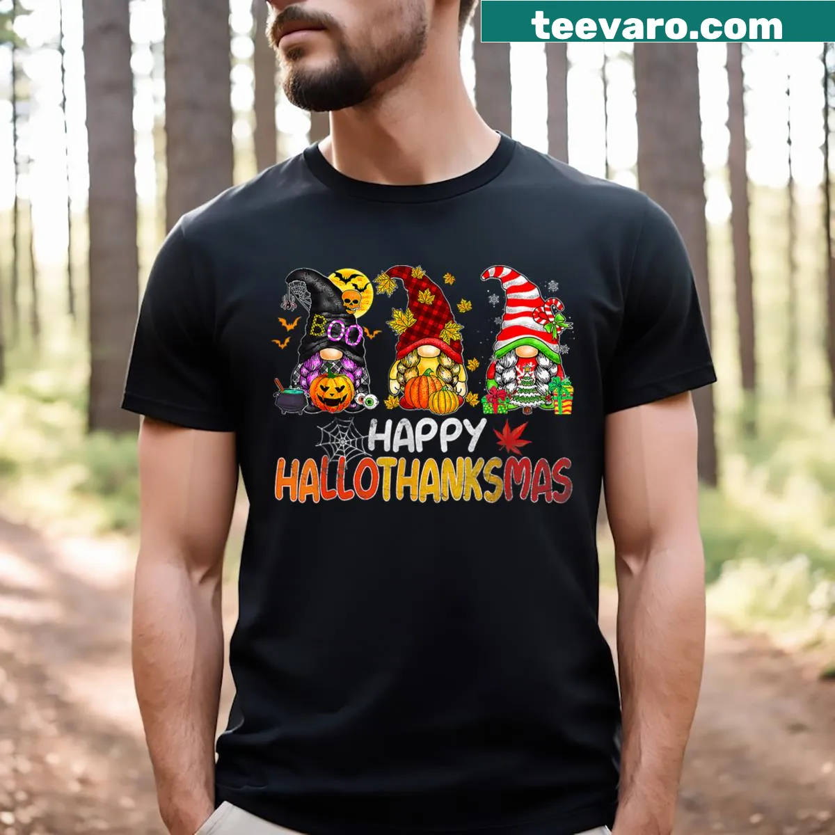 Whimsical T-shirt with 'Happy Hallothanksmas' text for the holidays — on a men's t-shirt