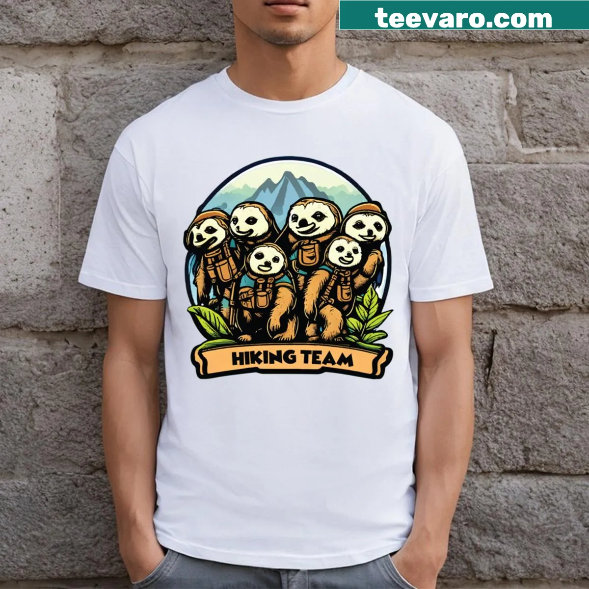 Funny hiking t-shirt featuring a humorous sloth graphic — on a men's t-shirt
