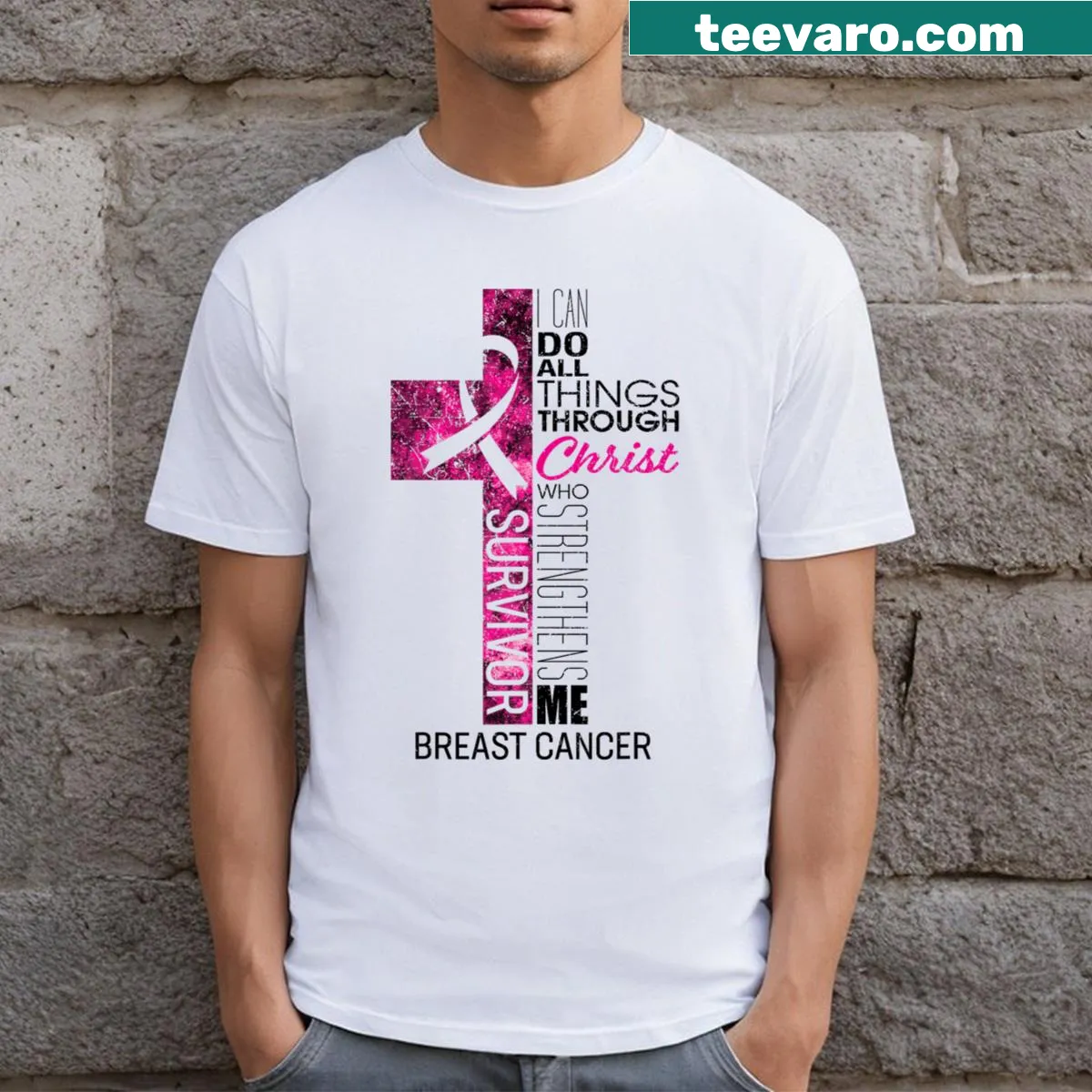 Inspirational T-shirt honoring breast cancer survivors with faith-based message — on a men's t-shirt
