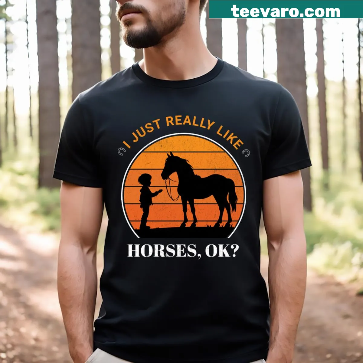 Retro-style T-shirt with the phrase 'I Just Really Like Horses Ok' — on a men's t-shirt