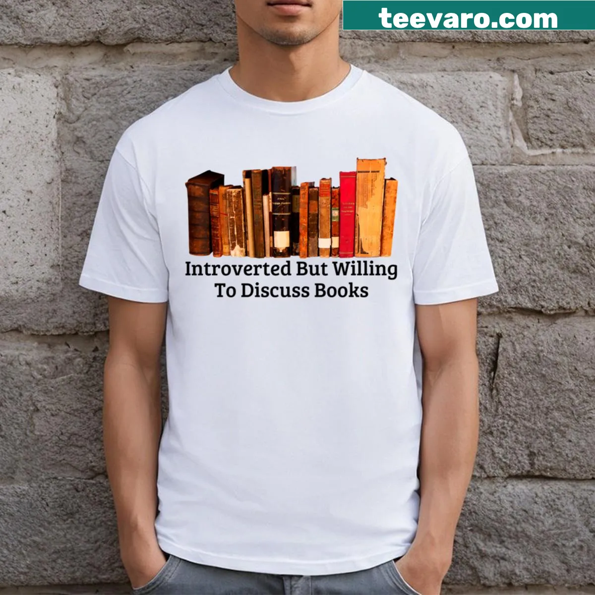 Funny T-shirt with 'Introverted But Willing To Discuss Books' text — on a men's t-shirt